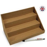 Brown cardboard display stand with a pen on a white background, featuring a British flag logo.